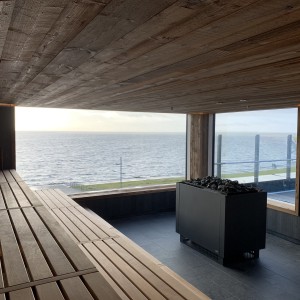 photo sauna four eos kw banc lattes panneau de bois profilé assemblage de bois installation de construction bien-être temps de la mer piscine à vagues u spa buesum feu glace sauna groupe